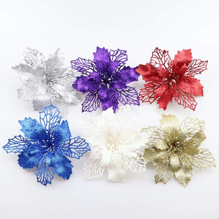 12 Pack Christmas Glitter Poinsettia Flowers Artificial Flower Christmas Tree Decorations and Ornaments, 6.2"/16cm Diameter (Purple)