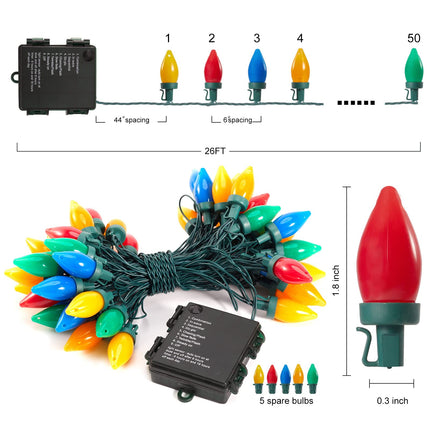 NIOSTA C7 Christmas Outdoor String Lights, 50 LED 26Ft Vintage Christmas Lights with 8 Lighting Modes, Battery Operated Lights with Timer for Xmas Tree, Garden, Car, Yard, Patio, House, Wreath