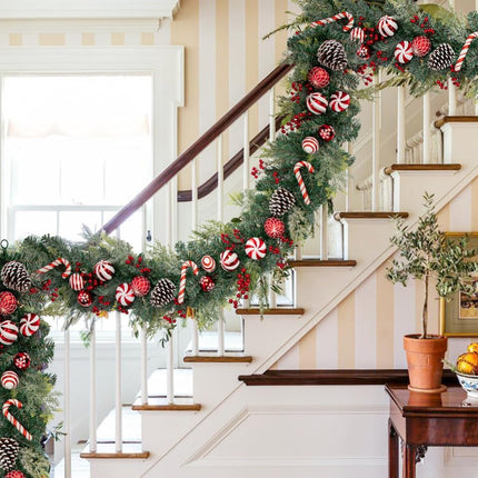 Red and White Christmas Garland 6Ft Christmas Garland Ornaments with 15 Balls, 3 Pinecones, 3 Candy Canes, Doorway Garland Christmas Decorations for Fireplace Mantel Staircase Front Door Porch Holiday