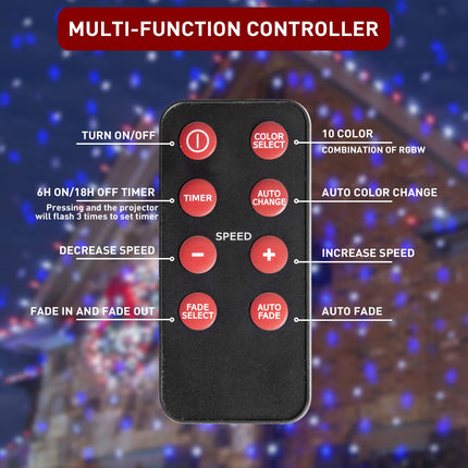 PEIDUO Christmas Projector Lights Outdoor, RGBW Projection Spotlights with Multifunction Controller, Falling Snowflake Projector for Outside Indoor Holiday Party Xmas Decorations, Waterproof, Plug in