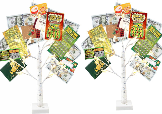 Vanthylit Money Tree Holder Set of 2, 24 LED Warm White Lights Battery Powered Timer, with Clips and Greeting Cards, Holder Decor for Photo Mother's Day Christmas Graduation s