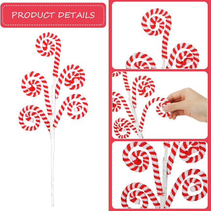 12 Pcs 16 Inch Red White Christmas Tree Picks Decoration Candy Cane Woolen Curly Pick Lollipop Large for Xmas Tree Topper Decor Home Vase Filler Craft Wreath Holiday Party Ornament Garland