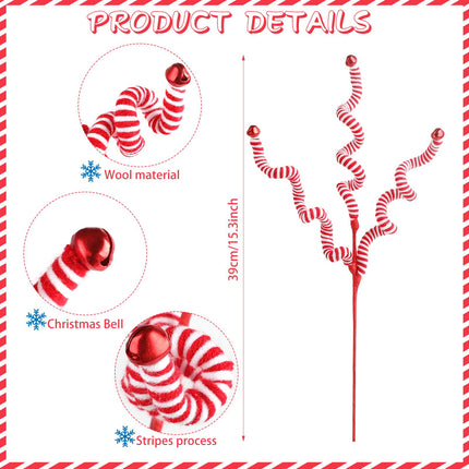 CCINEE 4 Pcs Christmas Woolen Bells Curly Pick,Red White Candy Picks Christmas Tree Ornaments Bell Shape for Xmas Party Supplies Anniversaries Home Decoration Vase Filler