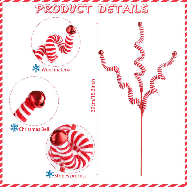 CCINEE 4 Pcs Christmas Woolen Bells Curly Pick,Red White Candy Picks Christmas Tree Ornaments Bell Shape for Xmas Party Supplies Anniversaries Home Decoration Vase Filler