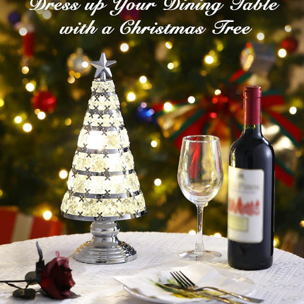 Lewondr Christmas Tree Lamp, 14 Inch Battery Powered Crystal Treetop Lighted Christmas Tree Decorative Light LED Lamp, Handmade Glass Tabletop Christmas Tree Ornament for Home Party , Silver