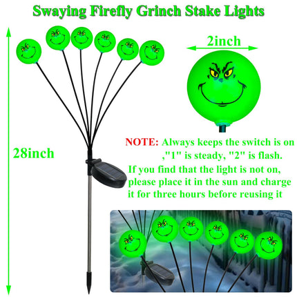 d Grinch Christmas Decorations Solar Garden Stake Lights Outdoor, 2Pack 12LED Swaying Firefly Lights Waterproof Solar Grinchmas Christmas Pathway Lights for Outside Patio Yard Decor