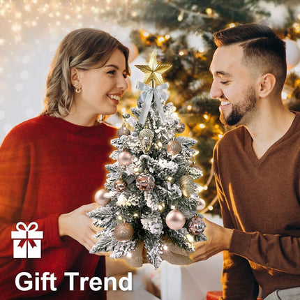 Mini Christmas Tree 2ft Tabletop Small Christmas Tree, Table Top Artificial Snow Flocked Arbol de Navidad Xmas Tree with Christmas Decorations for Home Apartment Office Desk