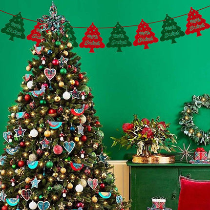 Christmas Decorations Red and Green Felt Christmas Tree Banner Garland, 8pcs Xmas Tree with Merry Christmas for Indoor Holiday Wall Window Door Decoration