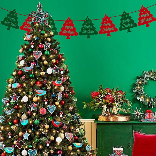 Christmas Decorations Red and Green Felt Christmas Tree Banner Garland, 8pcs Xmas Tree with Merry Christmas for Indoor Holiday Wall Window Door Decoration