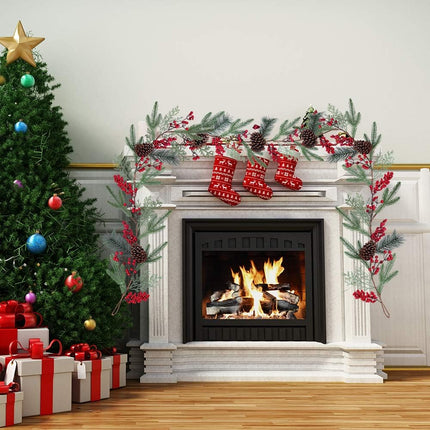 Artificial Christmas Pine Garland with Spruce Cypress Pinecones Red Berry Garland Winter Greenery Garland for Holiday Season Mantel Fireplace Table Runner Centerpiece Decoration 6.6 feet