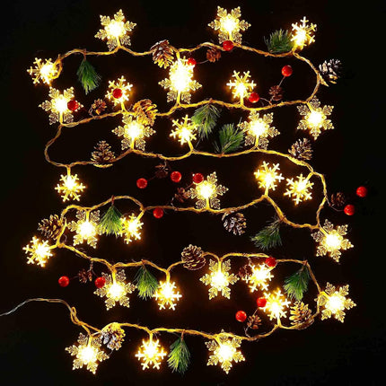 30 Led 10ft Christmas Garland Snowflake Lights, Pine Cones Red Berry Battery Operated Fairy String Lights 8 Lighting Modes with Timer Indoor Outdoor Tree Decor Fireplace Mantle Decorations Warm White