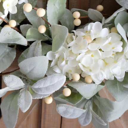 Idyllic 20 Inch Lambs Ears Leaves Everyday Wreath with Ivory Hydrangea and Cream Berries, Spring Summer Greenery Wreath with Burlap Ribbon Bow Knot for Doors, Rustic and Farmhouse Style Home Decor