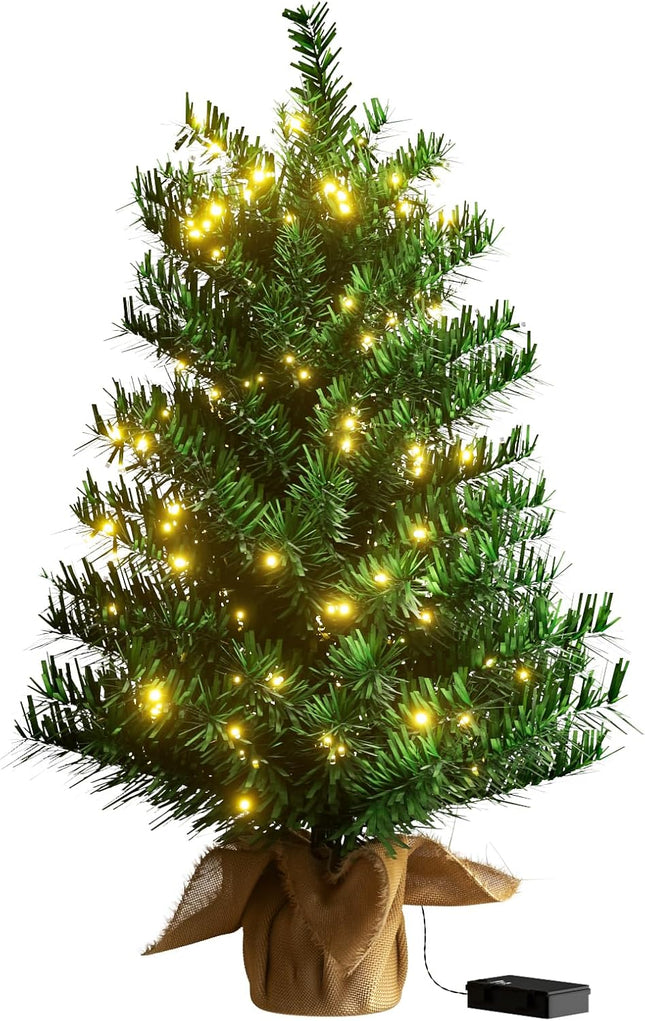 2FT Mini Christmas Tree with 72 Branch Tips, Prelit Tabletop Christmas Tree with 50 LED Lights, Small Artificial Christmas Tree for Best Holiday Home Decorations