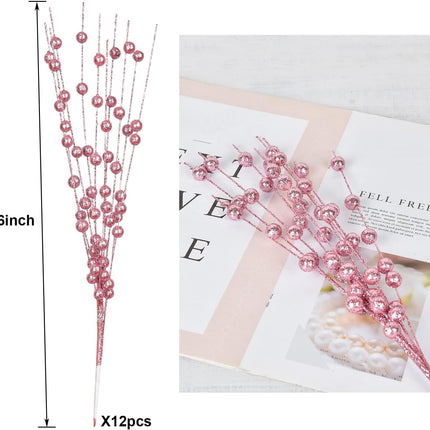 12Pack Christmas Glitter Berries Stems, 16 Inch Champagne Artificial Christmas Picks for Christmas Tree Ornaments, DIY Xmas Wreath, Crafts, Holiday and Home Decoration (Pink)