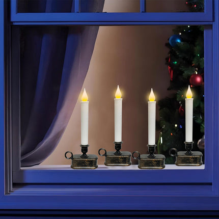 4 Pack Battery-Operated LED Window Candles, 9 Inch Flameless Taper Christmas Window Candles Lights with Dusk-to-Dawn Sensor for Christmas Window, Mantel, Dining Table, Bronze Base Holders