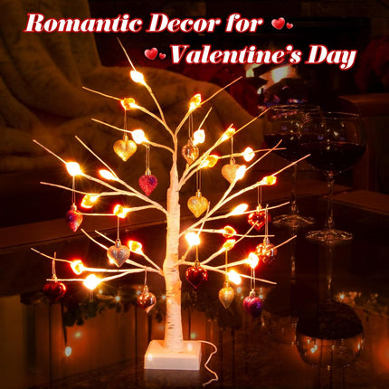 Valentines Day Tree Decorations,2 Pack 24 Inches Lighted Birch Tee with 24 Crystal Heart Shaped 18pcs Heart Ornaments,Valentine's Day Tree for Home,Tabletop,Mantel,Office