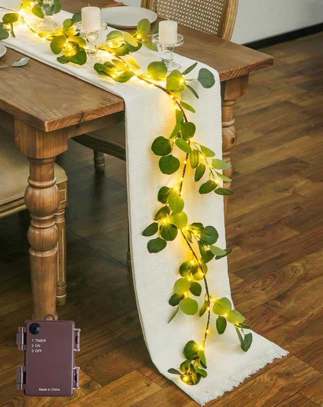 JMEXSUSS Artificial Eucalyptus Christmas Garland with Lights, 6FT Lighted Fall Garland Battery Operated with Timer, Artificial Vine Lights for Mantel Fireplace Autumn Wedding Christmas Decoration