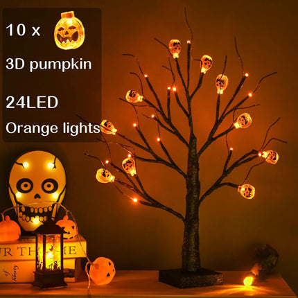2Pack Halloween Tree, Black Spooky Tree with 24LED Orange Lights and 10 Pumpkin Ornaments Battery Powered 18IN Lighted Halloween Bonsai Tree for Indoor Tabletop Halloween Party Decoration