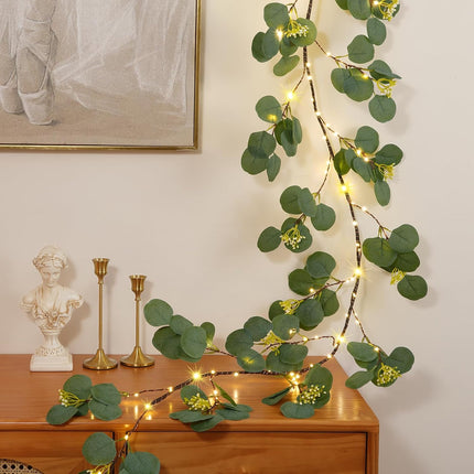 Waipfaru Christmas Decoration Indoor - 6FT Eucalyptus Garland with Timer, Artificial Christmas Greenery Cedar Tree Garland for Mantle Fireplace Outdoor Xmas Decor (Eucalyptus)