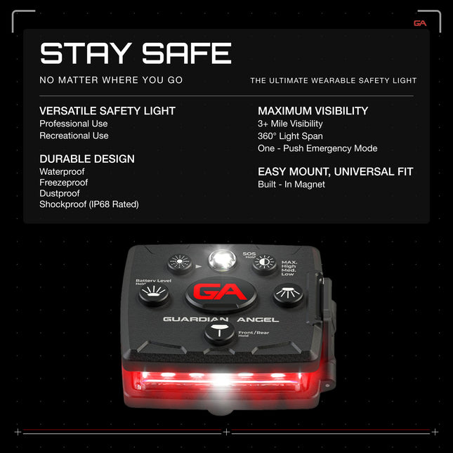 Guardian Angel Elite Micro Personal Safety Light Bar | Magnetic Hands-Free Mountable Flashlight | Lightweight with Rechargeable Battery (Red/Green)