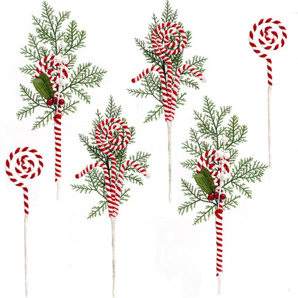 Pack of 6 Candy Cane Christmas Decorations Red White Woolen Candy and Lollipop Curly Picks Candy Ornaments for Xmas Tree Topper Wreath Vase Filler Home Office Party Decor (Red White)