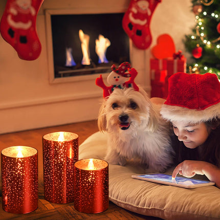 Flameless Flickering Candles with Remote Control and Timer, Battery Operated Real Wax Led Candles with Glass Pillar, Red Christmas Candles for Halloween, Holidays (AA Batteries Included)