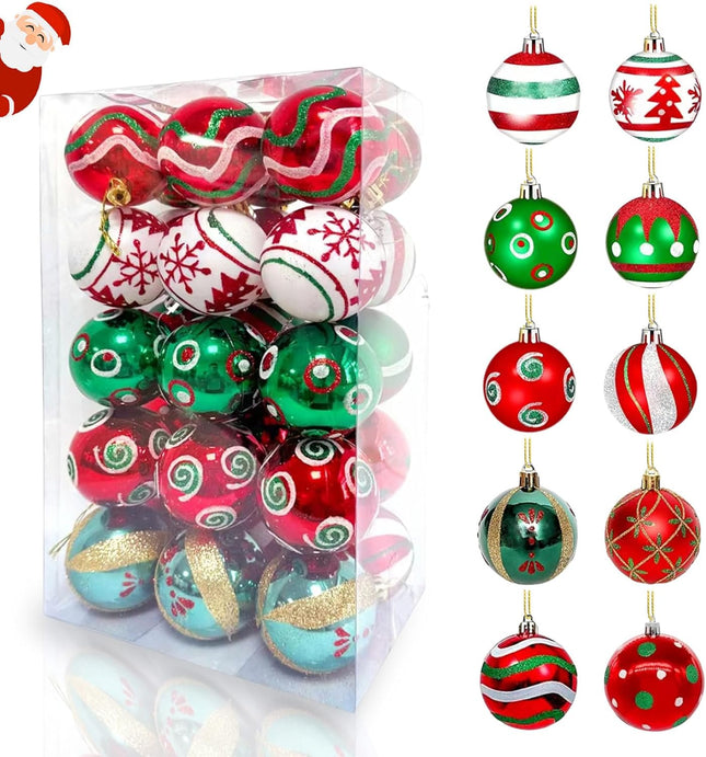Christmas Ball Ornaments, 30 Pcs 2.36 Inch Red White Green Small Plastic Decorative Hanging Ornaments for Indoor Outdoor Christmas Tree Wreath Christmas Party Decorations Supplies - 10 Patterns