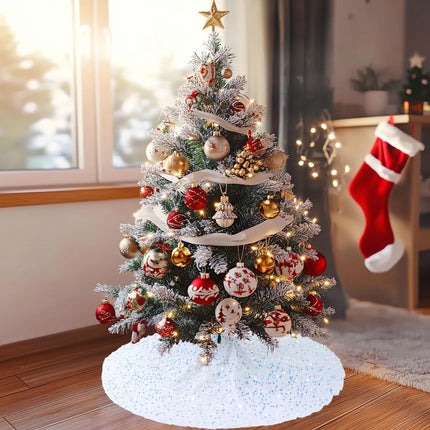 Iridescent White Velvet Tree Skirt 21 Inches Silver Christmas Tree Skirt Sequined Tree Skirt for Small Xmas Tree Glitter Tree Stand Cover Skirt for Santa Claus Tree Skirt Collar Christmas Decoration