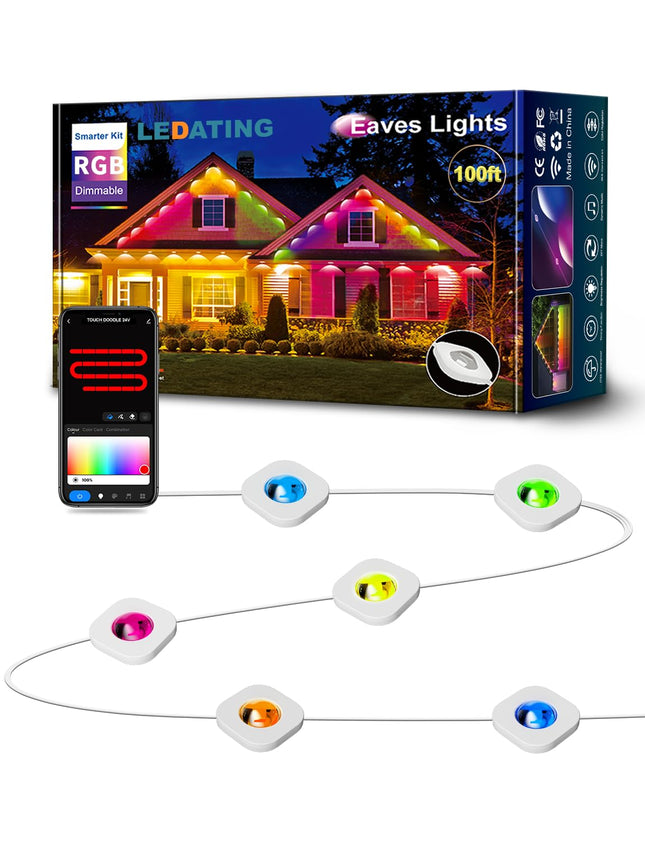 Permanent Outdoor Lights, 100ft with 72 LED Eaves Lights IP67 Waterproof, Smart Outdoor Lights with DIY Scene Modes for Party, Holiday, and Game Day, Work with Alexa, Google Assistant