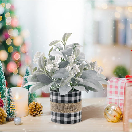 Flocked Lambs Ear Tabletop Mini Small Table Top Winter Christmas Tree,10" Artificial Little Potted for Christmas Decor, for Home Indoor Holiday.