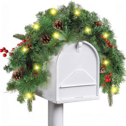 Pine Cone Mailbox Swag, 35’’ Christmas Mailbox Garland, Artificial Pine Cone Garland for Christmas Decor, Red Berry Mailbox Decoration Winter Swag for Holiday Party