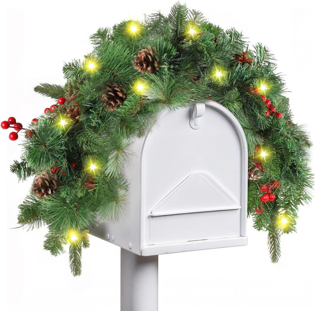 Pine Cone Mailbox Swag, 35’’ Christmas Mailbox Garland, Artificial Pine Cone Garland for Christmas Decor, Red Berry Mailbox Decoration Winter Swag for Holiday Party
