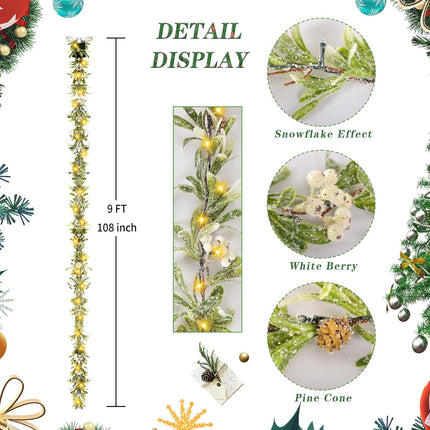 9FT Christmas Garland, Flocked Garland Christmas Decorations Prelit Christmas Garland with 30 LED Lights Decorated with Pinecones Berries Snowflakes for Mantels Staircase Tables Winter Decor