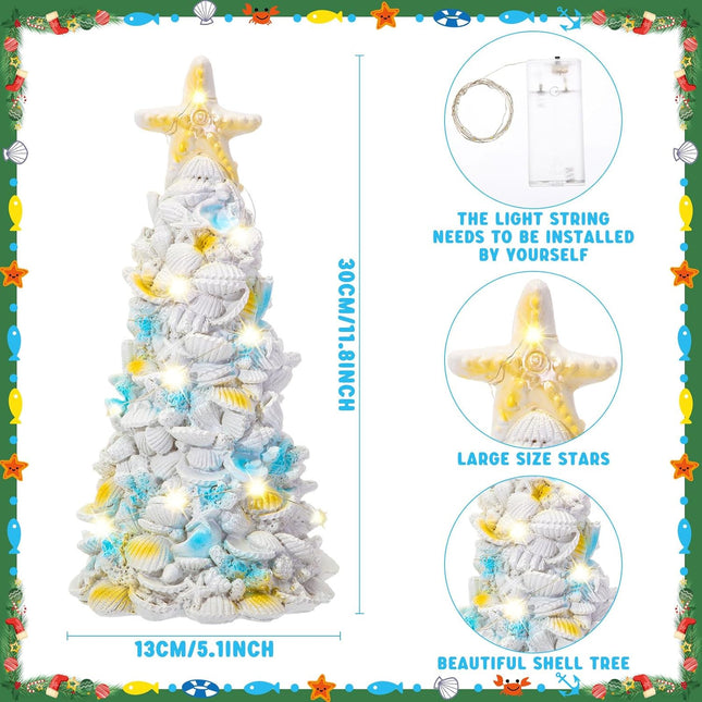 Tioncy 2 Pcs 11.8 Inch Seashell Christmas Tree Resin Seashell Christmas Tree Handmade Crafts with 2 Pcs LED String Light DIY Beach Xmas Decorations s for Table Party Supplies