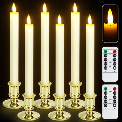 6 Pack Flameless Taper Candles with 2 Remotes, LED Fake Candles with Holders, Battery Operated Pillar 3D flame Candles of Real Wax for Home Decor, Wedding, Table, Festival, Halloween, Christmas