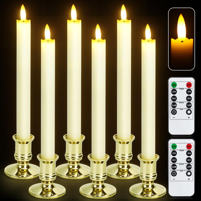 6 Pack Flameless Taper Candles with 2 Remotes, LED Fake Candles with Holders, Battery Operated Pillar 3D flame Candles of Real Wax for Home Decor, Wedding, Table, Festival, Halloween, Christmas