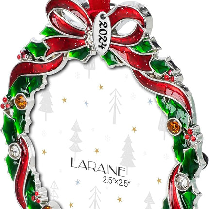 Laraine Christmas Tree Ornaments – Decorative Hanging Holiday Keepsake Pendant with 2.5" Photo Frame Insert for Picture of Pet (Wreath)