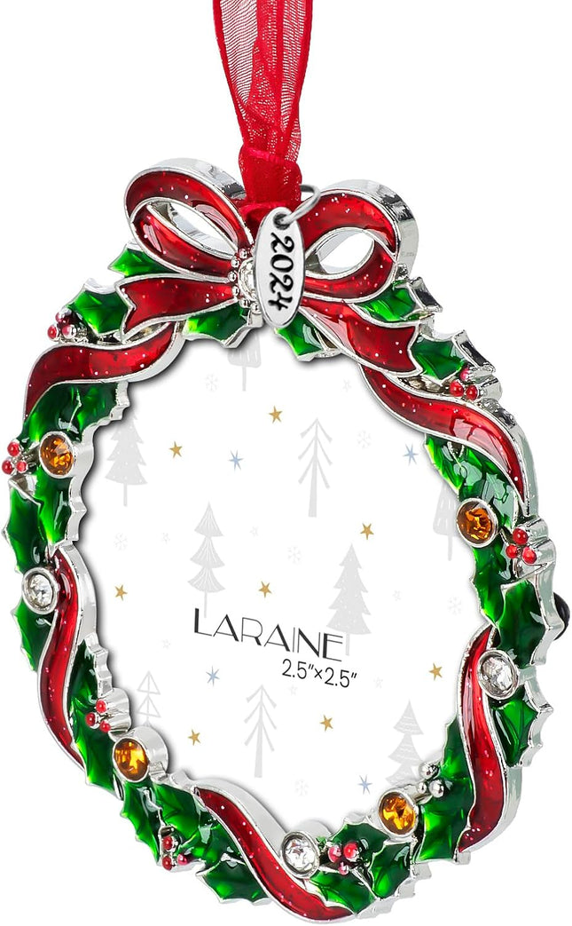 Laraine Christmas Tree Ornaments – Decorative Hanging Holiday Keepsake Pendant with 2.5" Photo Frame Insert for Picture of Pet (Wreath)