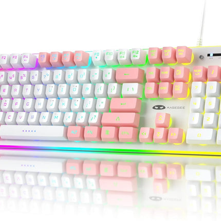 Camiysn Gaming Keyboard, Wired Keyboard with RGB Backlit, Full Size Keyboard with White&Pink Mixed Color Keycaps, Keyboard with 26 Keys Anti-ghosting for Computer/PC/Laptop/Mac/Windows/Office