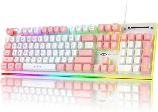 Camiysn Gaming Keyboard, Wired Keyboard with RGB Backlit, Full Size Keyboard with White&Pink Mixed Color Keycaps, Keyboard with 26 Keys Anti-ghosting for Computer/PC/Laptop/Mac/Windows/Office