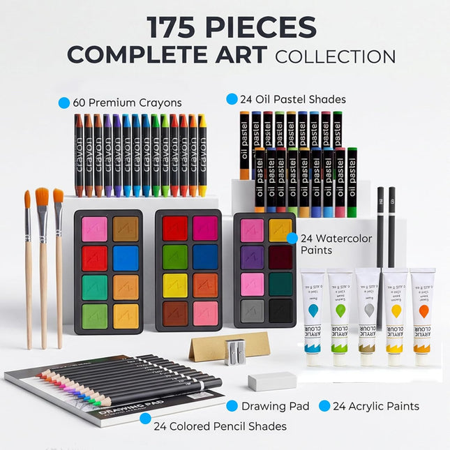 TMOL Art Supplies, 175-Pack Deluxe Art Set Drawing Painting Kit with 2 Drawing Pads, Acrylic Paints, Colored Pencils, Crayons, Art Kit in Wooden Case, Gift for Artist, Adults, Teens and Kids - Cherry