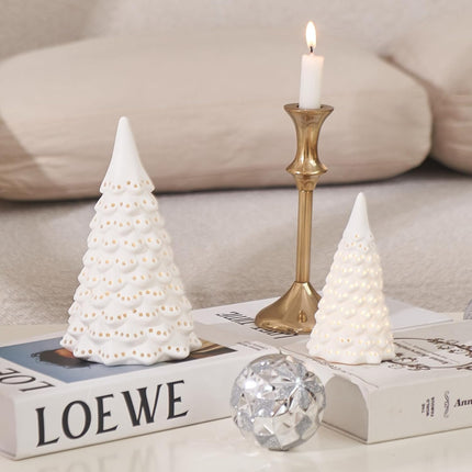 Light Up Ceramic Christmas Tree, 2 Pack Lighted Porcelain Christmas Tree with Dots Cutouts, Matte White Small Xmas Tree Table Centerpiece Xmas Tree Figurines for Tabletop Decor