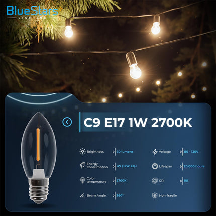 BlueStars 25 Packs Clear E17 LED Bulbs C9 Candle Shape, 1W (15W Equivalent), 2700K Warm White, Shatterproof, Perfect for Home Outdoor & Indoor Decoration, String Lights, Patio Lights