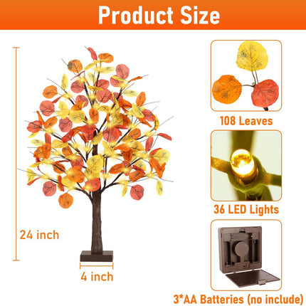 FastDeng 2FT Fall Lighted Eucalyptus Tree, 24 Inch Prelit Tabletop Artificial Tree with 36 LED Lights, 108 Leaves, Timing Battery Operated Fall Tree for Indoor Autumn Harvest Thanksgiving Home Decor