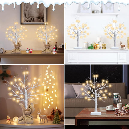 [ 2 Pack & Timer ] TURNMEON Prelit Lighted Birch Trees with 48 LED Warm White Lights DIY Burlap, Battery Operated Artificial Tabletop Christmas Tree for Home Indoor Holiday Xmas Christmas Decorations