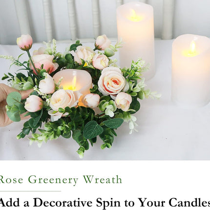 4 Pcs Artificial Rose Candle Rings - Floral Wreaths with Eucalyptus Leaves Greenery Garland for Pillar Candle Lantern Wedding Centerpiece Party Home Table Decor(Champagne)