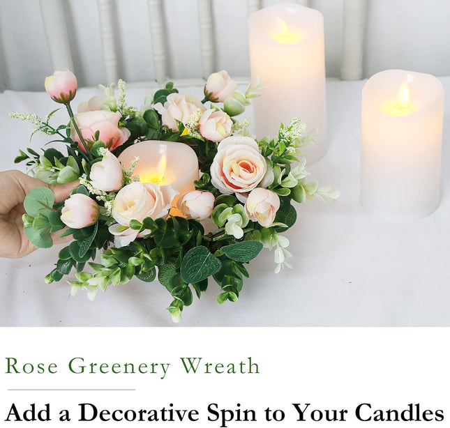 4 Pcs Artificial Rose Candle Rings - Floral Wreaths with Eucalyptus Leaves Greenery Garland for Pillar Candle Lantern Wedding Centerpiece Party Home Table Decor(Champagne)