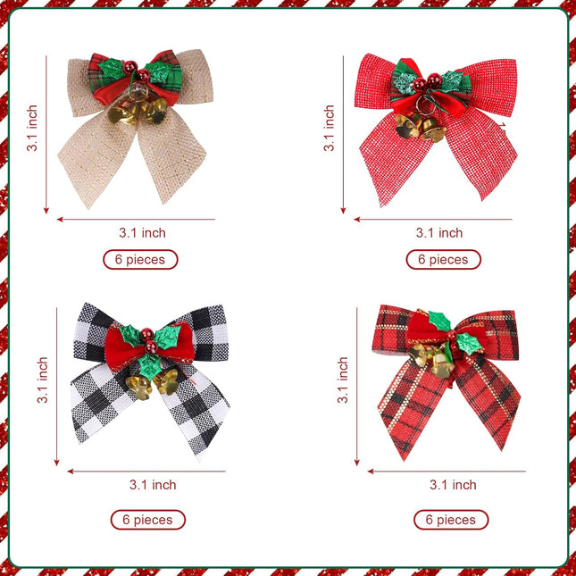 YBB 24 Pack Christmas Tree Bows, Buffalo Plaid Linen Bowknot Red Wreath Bow with Jingle Bells for Christmas Garland Tree, Crafts, Wrapping, Wreath Xmas Hanging Ornaments Decor