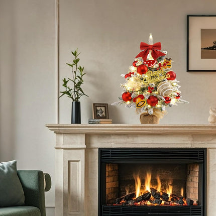 Mini Christmas Tree,22 Inches Artificial Tabletop Christmas Tree with 50 Lights(8 Modes),Snow Flocked Small Christmas Tree with DIY Ornaments Balls Bowknot for Christmas Decor Home Indoor