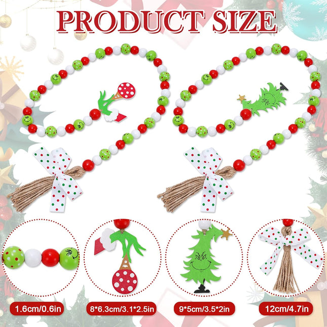Whaline 2Pcs Christmas Wooden Bead Garlands Red Green Cartoon Character Rustic Wood Bead Garland with Rope Tassel Xmas Hanging Decor for Farmhouse Tiered Tray Home Decor Christmas Party Suppliers
